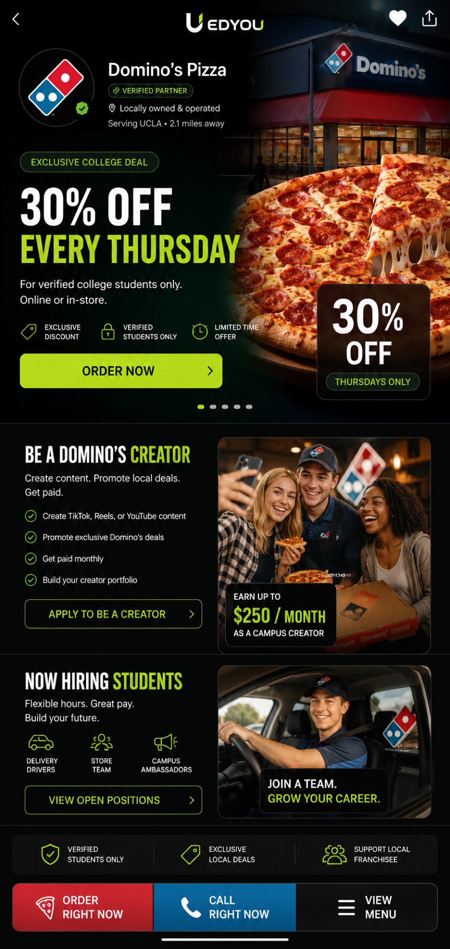 Sample EDYOU Brand Merchant page — offers, creator opportunities and campus hiring
